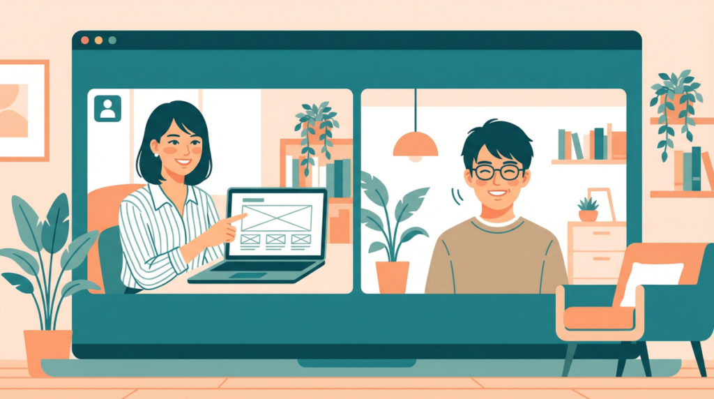 オンラインミーティング画面越しに、WEBデザイナーと個人事業主が笑顔でサイトの完成予想図について話し合っている、温かみと信頼感のあるイラスト。